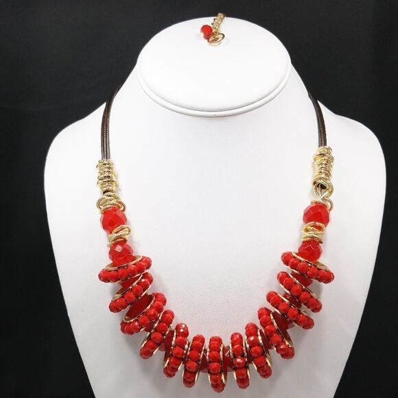 Red Crystal Necklace, Beaded Statement Choker Gold Accents, 22 Inches - Picture 2 of 11